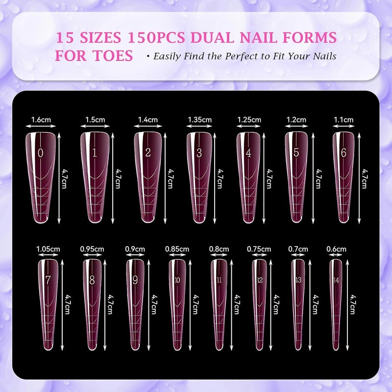 Outopen 150pcs Long Curved Tapered Stiletto Nail Forms Clear Pink Full Cover Nail Extension Art Mold with Scale Reusable Nail Forms for Polygel Acrylic Extension Beginners DIY Manicure, 15 Sizes - Image 4